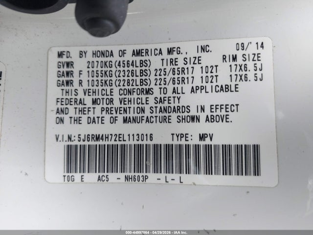 Honda Cr-v Ex-l 2014 5J6RM4H72EL113016 Image 9