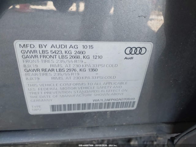 44997866 :رقم المزاد ، WA1L2AFP6GA070599 vin ، 2016 Audi Q5 2.0t Premium مزاد بيع