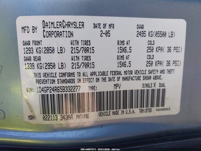 Продаж на аукціоні авто 2005 Dodge Grand Caravan Se, vin: 1D4GP24R65B332277, номер лоту: 44997873