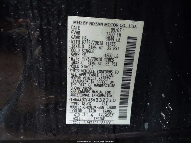 Aukcja sprzedaży 2008 Nissan Titan Pro-4x, vin: 1N6AA07F48N332210, numer aukcji: 44997880