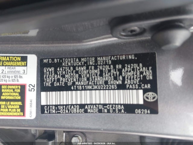 44997883 :رقم المزاد ، 4T1B11HK3KU222265 vin ، 2019 Toyota Camry Se مزاد بيع