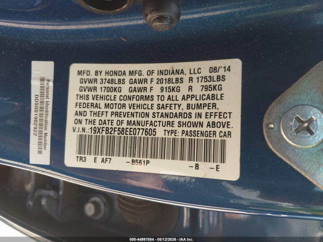 44997884 :رقم المزاد ، 19XFB2F58EE077605 vin ، 2014 Honda Civic Lx مزاد بيع
