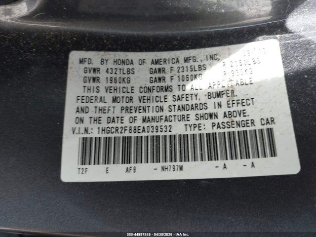 44997885 :رقم المزاد ، 1HGCR2F88EA039532 vin ، 2014 Honda Accord Ex-l مزاد بيع