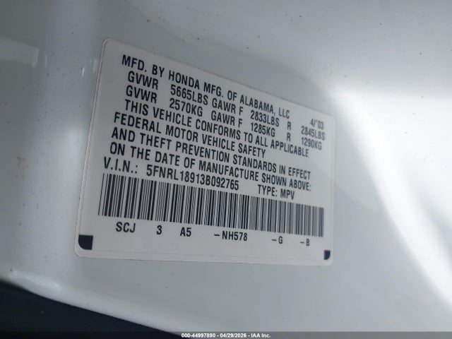 Aukcja sprzedaży 2003 Honda Odyssey Ex-l, vin: 5FNRL18913B092765, numer aukcji: 44997890