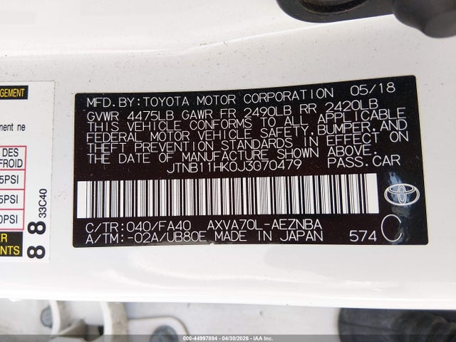 44997894 :رقم المزاد ، JTNB11HK0J3070479 vin ، 2018 Toyota Camry Le مزاد بيع