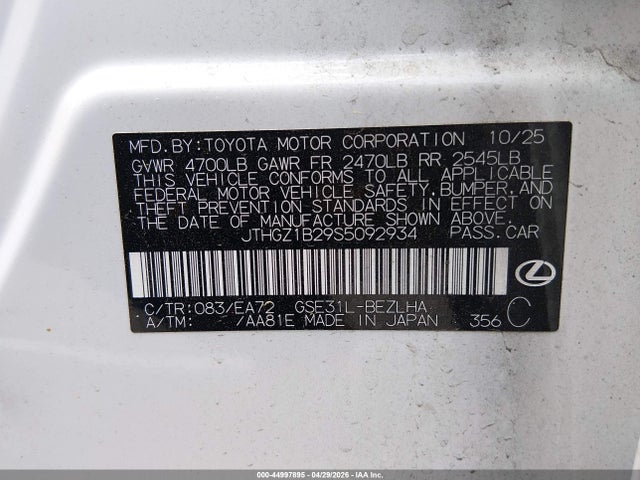 Aukcja sprzedaży 2025 Lexus Is 350 F Sport, vin: JTHGZ1B29S5092934, numer aukcji: 44997895