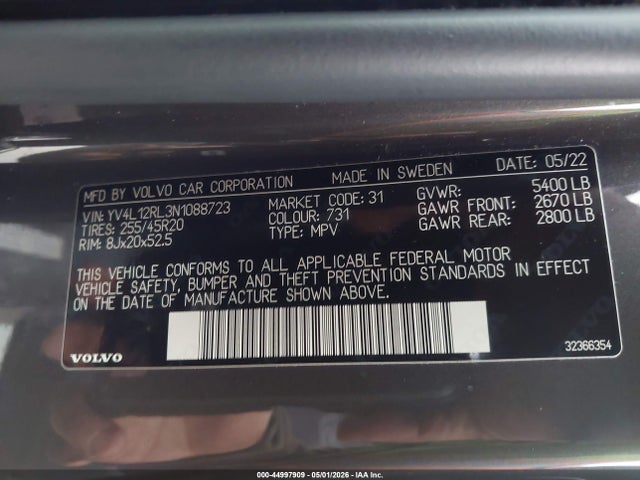 2022 Volvo Xc60 B5 Inscription მანქანა იყიდება აუქციონზე, vin: YV4L12RL3N1088723, აუქციონის ნომერი: 44997909