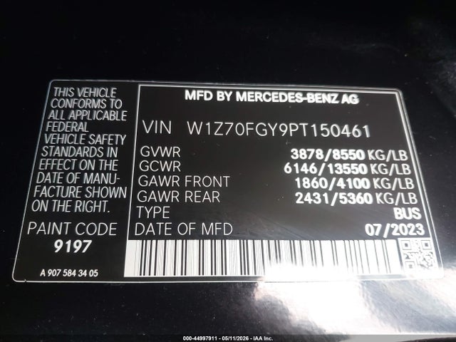 Продаж на аукціоні авто 2023 Mercedes-benz Sprinter 1500 Standard Roof 4-cyl Gas, vin: W1Z70FGY9PT150461, номер лоту: 44997911