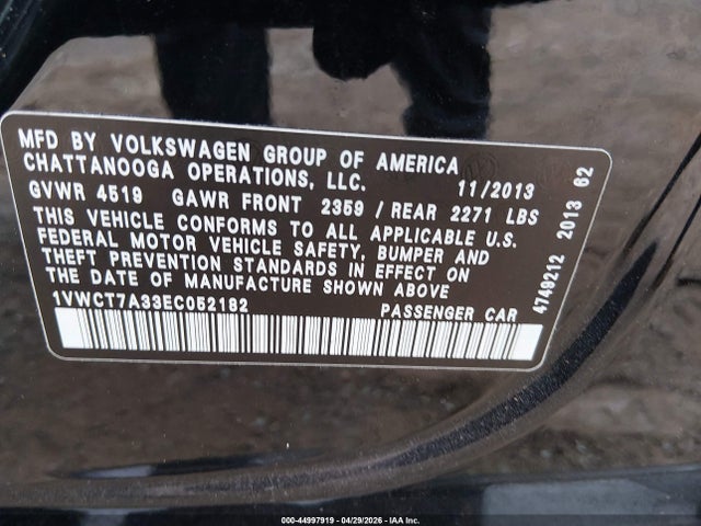 2014 Volkswagen Passat 1.8t Sel Premium მანქანა იყიდება აუქციონზე, vin: 1VWCT7A33EC052182, აუქციონის ნომერი: 44997919