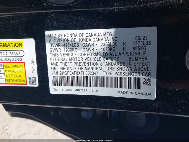 Aukcja sprzedaży 2026 Honda Civic Hybrid Sport/sport Touring, vin: 2HGFE4F8XTH302347, numer aukcji: 44997955