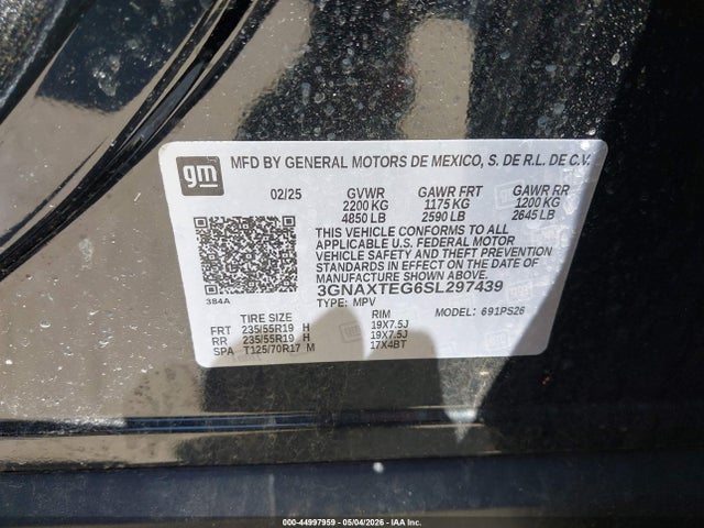 44997959 :رقم المزاد ، 3GNAXTEG6SL297439 vin ، 2025 Chevrolet Equinox Awd Rs مزاد بيع