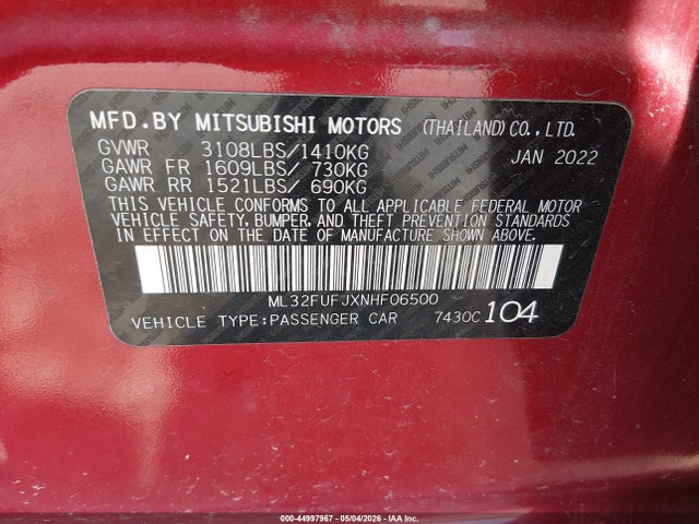 Aukcja sprzedaży 2022 Mitsubishi Mirage G4 Es, vin: ML32FUFJXNHF06500, numer aukcji: 44997967