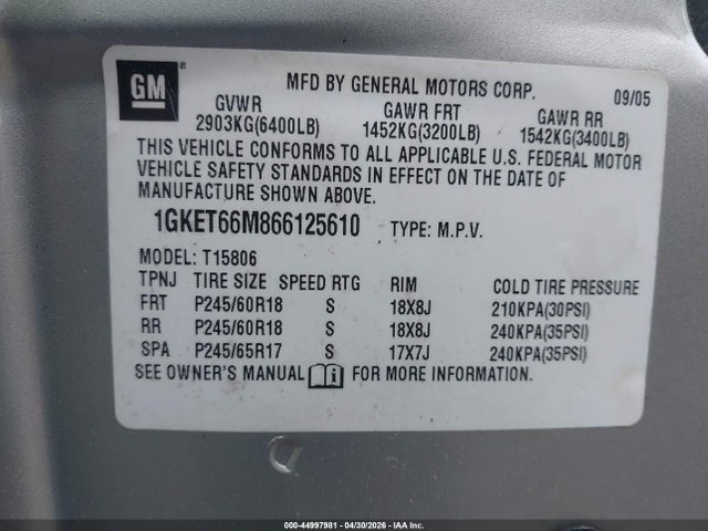 Продаж на аукціоні авто 2006 Gmc Envoy Xl Denali, vin: 1GKET66M866125610, номер лоту: 44997981