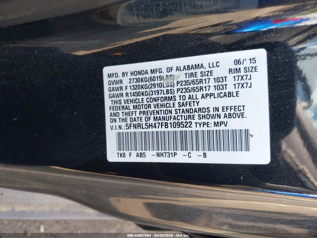 Aukcja sprzedaży 2015 Honda Odyssey Ex, vin: 5FNRL5H47FB109522, numer aukcji: 44997994