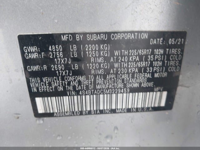 44998012 :رقم المزاد ، 4S4BTADC5M3229459 vin ، 2021 Subaru Outback Premium مزاد بيع