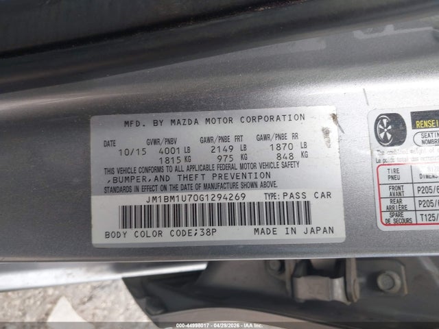 44998017 :رقم المزاد ، JM1BM1U70G1294269 vin ، 2016 Mazda Mazda3 I Sport مزاد بيع