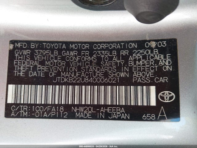 Продаж на аукціоні авто 2004 Toyota Prius, vin: JTDKB22U840006021, номер лоту: 44998020