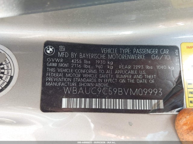 44998023 :رقم المزاد ، WBAUC9C59BVM09993 vin ، 2011 Bmw 135i مزاد بيع