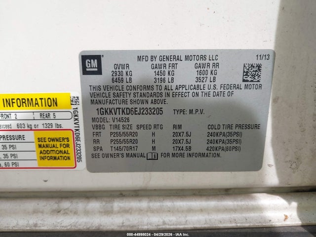 Продаж на аукціоні авто 2014 Gmc Acadia Denali, vin: 1GKKVTKD6EJ233205, номер лоту: 44998024