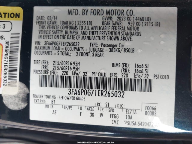 44998025 :رقم المزاد ، 3FA6P0G71ER265032 vin ، 2014 Ford Fusion S مزاد بيع