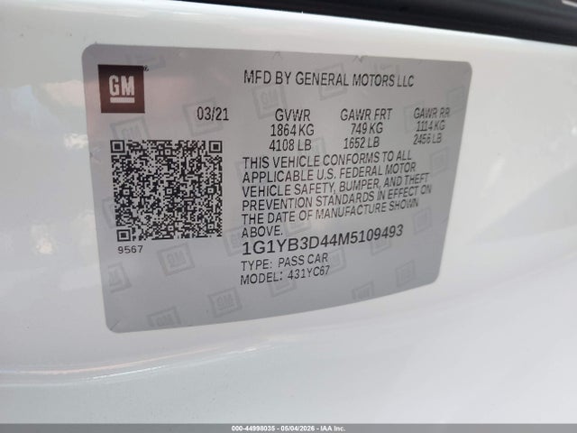 Aukcja sprzedaży 2021 Chevrolet Corvette Stingray Rwd  2lt, vin: 1G1YB3D44M5109493, numer aukcji: 44998035