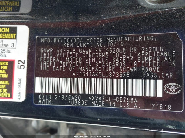 2020 Toyota Camry Se მანქანა იყიდება აუქციონზე, vin: 4T1G11AK5LU873575, აუქციონის ნომერი: 44998037