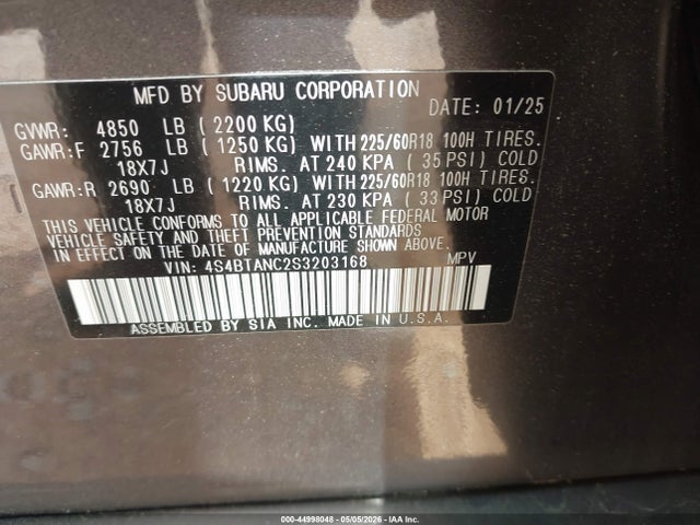 Aukcja sprzedaży 2025 Subaru Outback Limited, vin: 4S4BTANC2S3203168, numer aukcji: 44998048