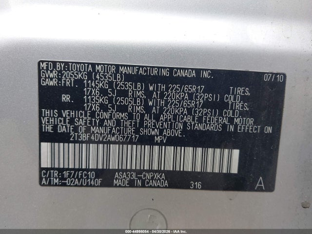 Продажа на аукционе авто 2010 Toyota Rav4, vin: 2T3BF4DV2AW067717, номер лота: 44998054