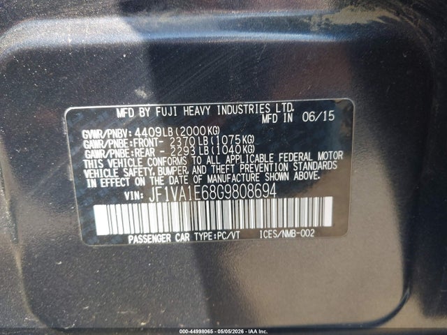 Продаж на аукціоні авто 2016 Subaru Wrx Premium, vin: JF1VA1E68G9808694, номер лоту: 44998065