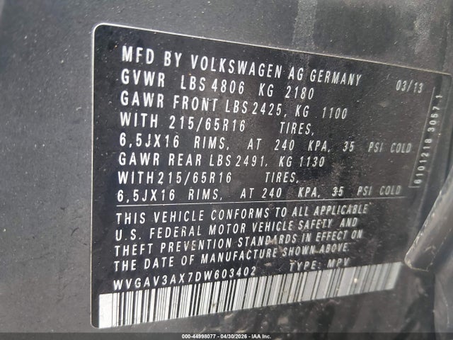 Продаж на аукціоні авто 2013 Volkswagen Tiguan S, vin: WVGAV3AX7DW603402, номер лоту: 44998077