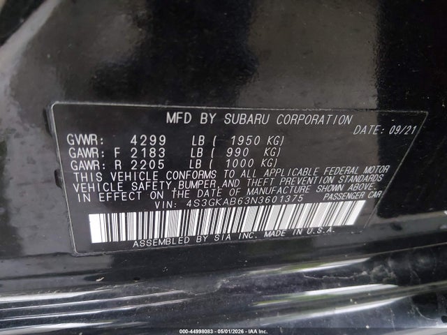 44998083 :رقم المزاد ، 4S3GKAB63N3601375 vin ، 2022 Subaru Impreza Base مزاد بيع