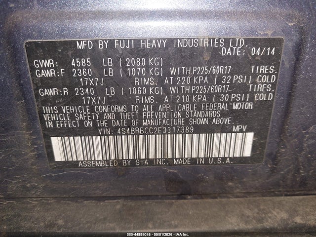 Продаж на аукціоні авто 2014 Subaru Outback 2.5i Premium, vin: 4S4BRBCC2E3317389, номер лоту: 44998086