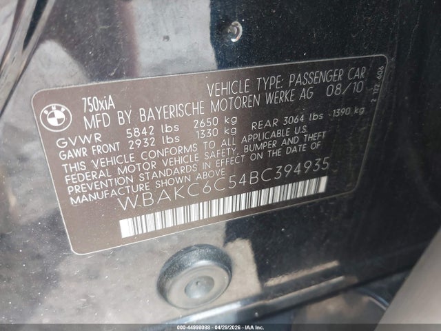 44998088 :رقم المزاد ، WBAKC6C54BC394935 vin ، 2011 Bmw 750i Xdrive مزاد بيع