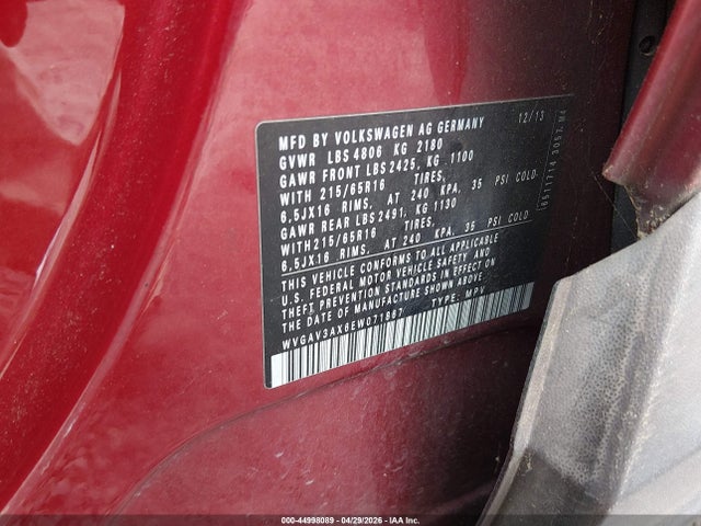 44998089 :رقم المزاد ، WVGAV3AX6EW071867 vin ، 2014 Volkswagen Tiguan S مزاد بيع
