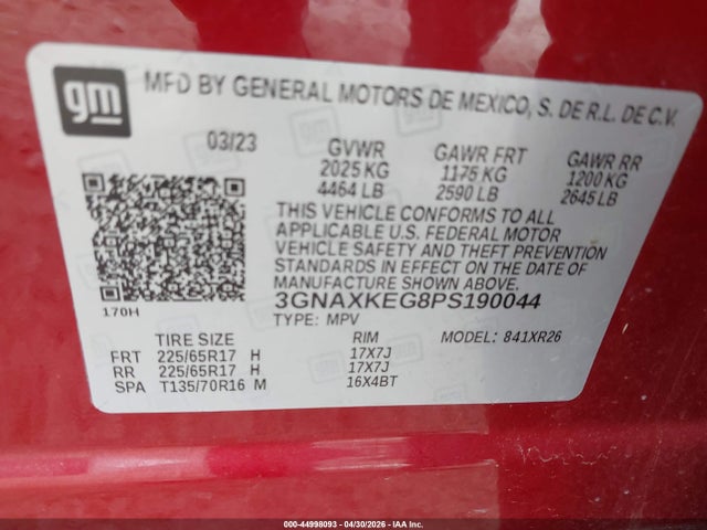 2023 Chevrolet Equinox Fwd Lt მანქანა იყიდება აუქციონზე, vin: 3GNAXKEG8PS190044, აუქციონის ნომერი: 44998093