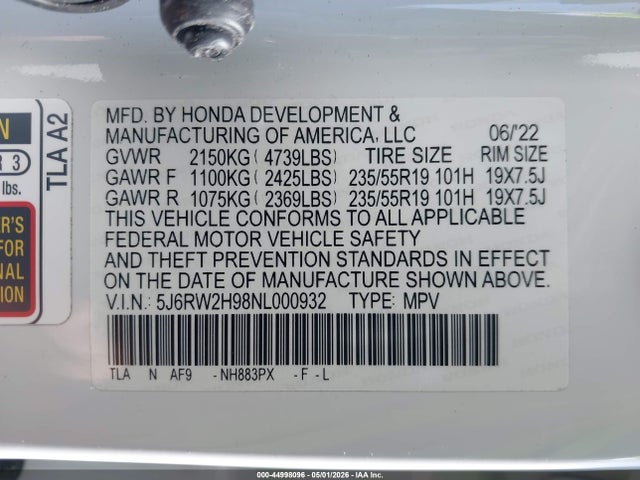 Aukcja sprzedaży 2022 Honda Cr-v Awd Touring, vin: 5J6RW2H98NL000932, numer aukcji: 44998096