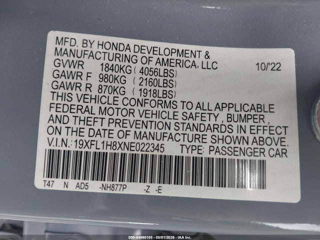 2022 Honda Civic Sport Touring მანქანა იყიდება აუქციონზე, vin: 19XFL1H8XNE022345, აუქციონის ნომერი: 44998105