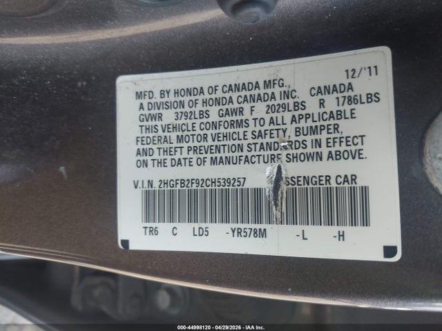 44998120 :رقم المزاد ، 2HGFB2F92CH539257 vin ، 2012 Honda Civic Ex-l مزاد بيع