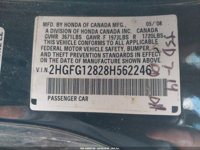 44998126 :رقم المزاد ، 2HGFG12828H562246 vin ، 2008 Honda Civic Ex مزاد بيع