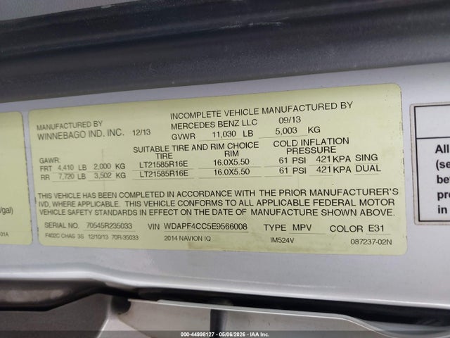 44998127 :رقم المزاد ، WDAPF4CC5E9566008 vin ، 2014 Mercedes-benz Sprinter 3500 مزاد بيع