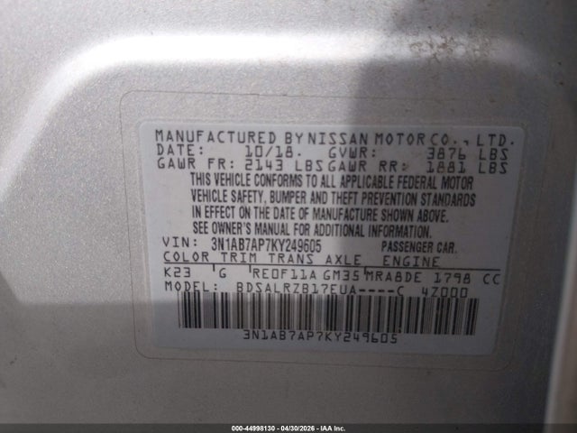 Aukcja sprzedaży 2019 Nissan Sentra Sr, vin: 3N1AB7AP7KY249605, numer aukcji: 44998130