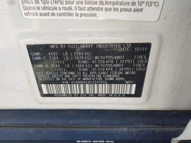 Продаж на аукціоні авто 2012 Subaru Outback 2.5i, vin: 4S4BRBAC6C3243555, номер лоту: 44998133