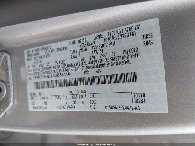 Продаж на аукціоні авто 2018 Ford Escape Sel, vin: 1FMCU9HD2JUB58116, номер лоту: 44998137