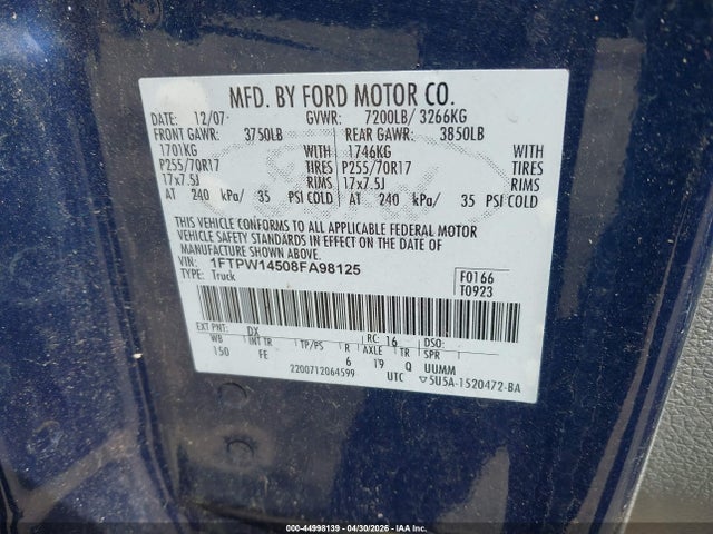 44998139 :رقم المزاد ، 1FTPW14508FA98125 vin ، 2008 Ford F-150 60th Anniversary/fx4/king Ranch/lariat/limited/xlt مزاد بيع