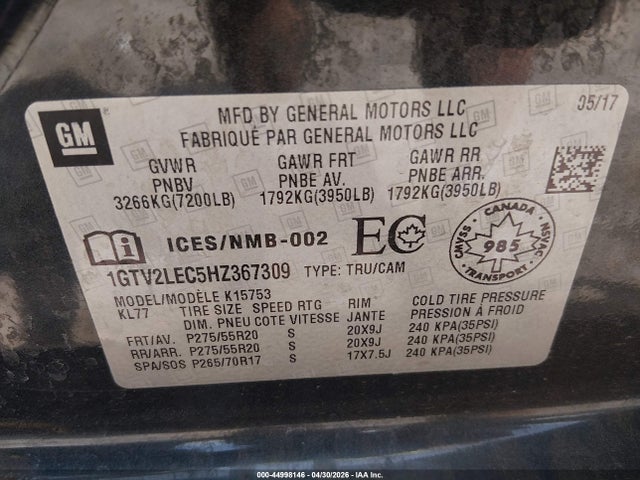 44998146 :رقم المزاد ، 1GTV2LEC5HZ367309 vin ، 2017 Gmc Sierra 1500 مزاد بيع