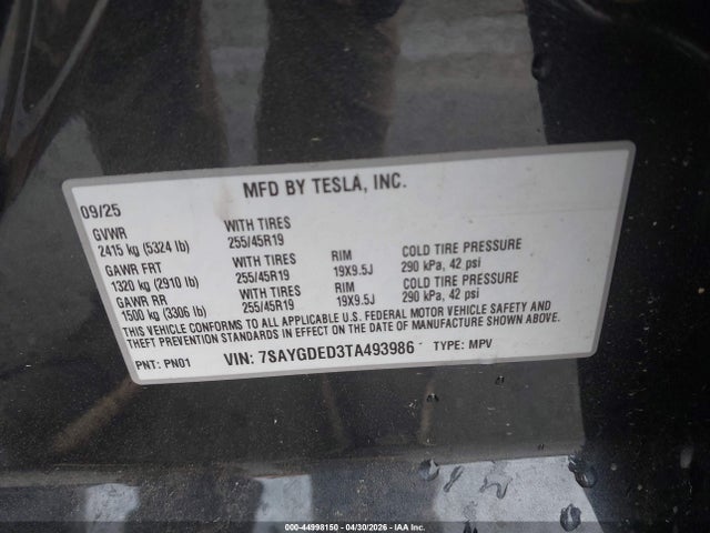 2026 Tesla Model Y Premium Rear-wheel Drive/rear-wheel Drive მანქანა იყიდება აუქციონზე, vin: 7SAYGDED3TA493986, აუქციონის ნომერი: 44998150
