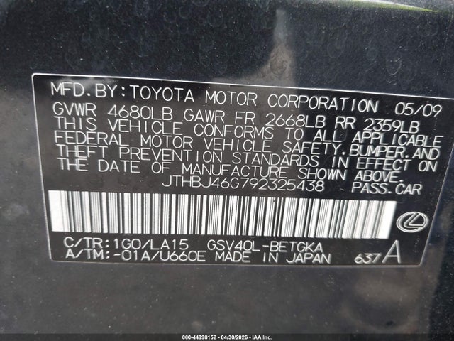 2009 Lexus Es 350 მანქანა იყიდება აუქციონზე, vin: JTHBJ46G792325438, აუქციონის ნომერი: 44998152