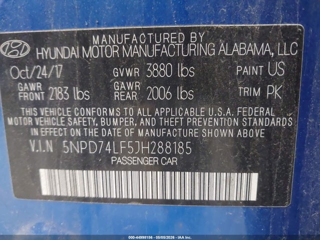 44998156 :رقم المزاد ، 5NPD74LF5JH288185 vin ، 2018 Hyundai Elantra Se مزاد بيع
