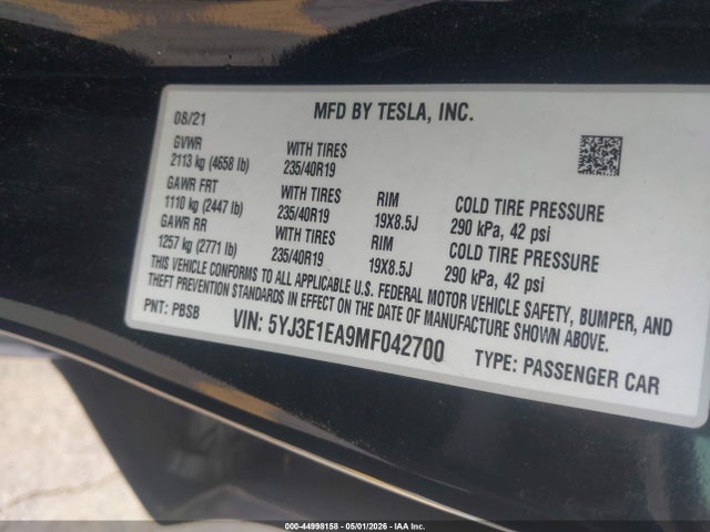 44998158 :رقم المزاد ، 5YJ3E1EA9MF042700 vin ، 2021 Tesla Model 3 Standard Range Plus Rear-wheel Drive مزاد بيع
