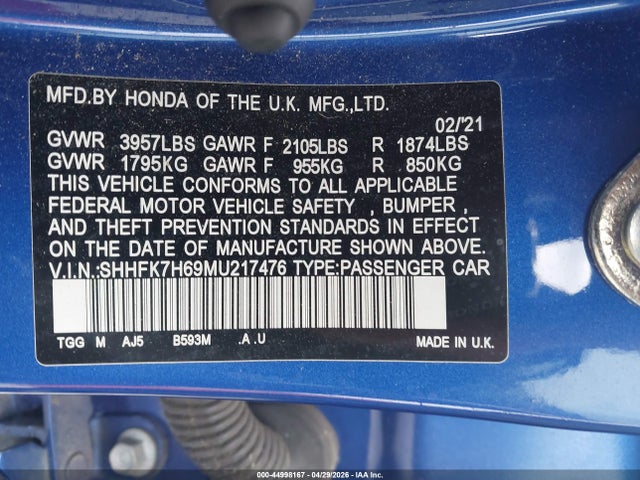 44998167 :رقم المزاد ، SHHFK7H69MU217476 vin ، 2021 Honda Civic Ex مزاد بيع